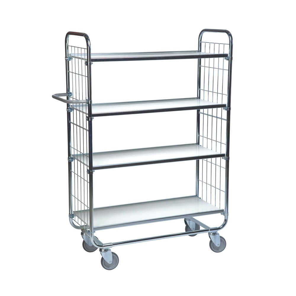 Kongamek Regalwagen, verzinkt, 2 Gitterwände, 4 laminierte Böden à 620 x 425 mm