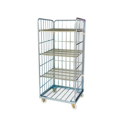 Conteneur à roulettes, 3 côtés, 3 tablettes intermédiaires, plaque en acier