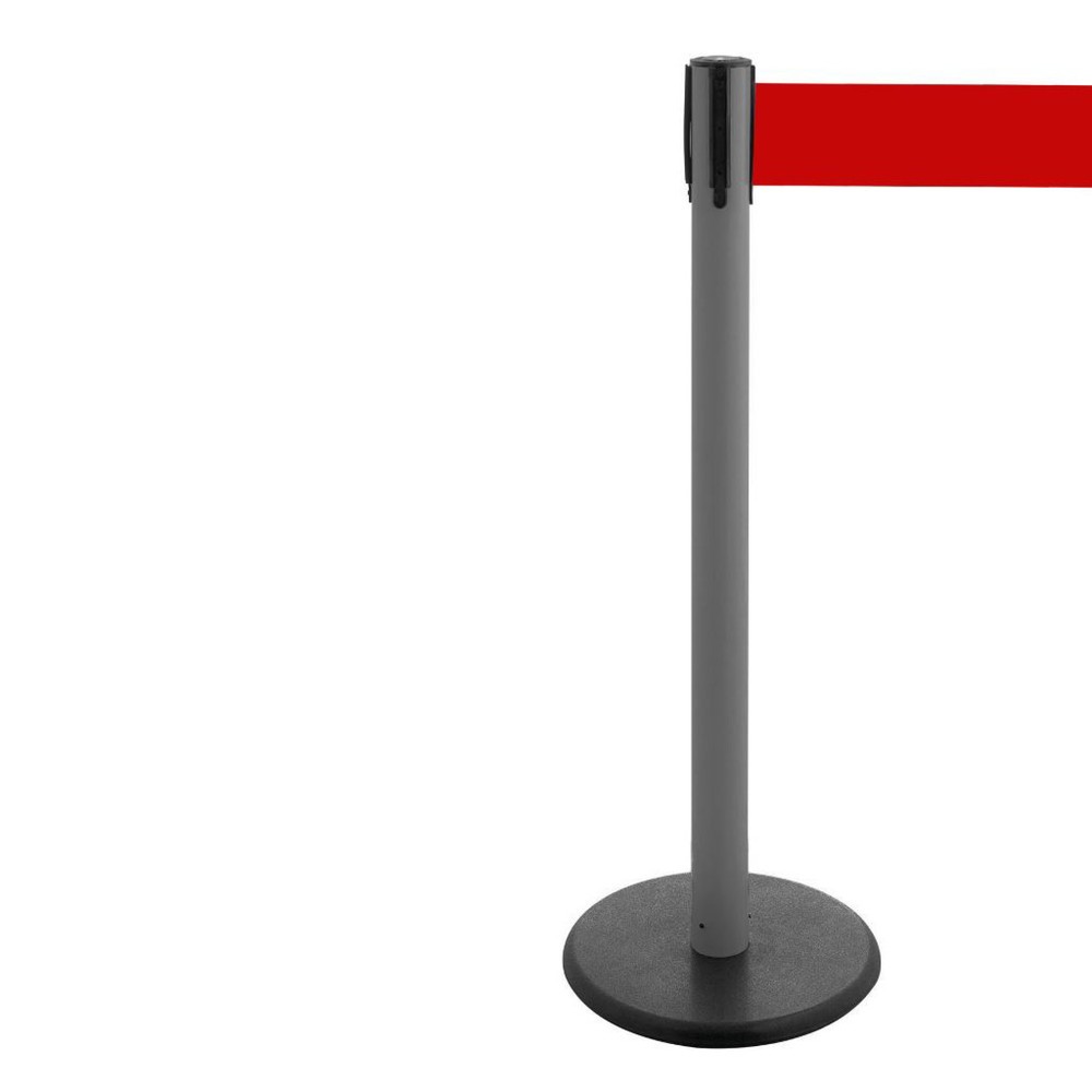 RS-GUIDESYSTEMS® Gurt-Absperrpfosten, Bodenteller aus Guss, Gurtbreite 100 mm, anthrazit, rot / weiss diagonal gestreift, 3,8 m