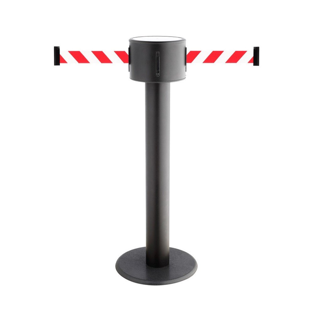 RS-GUIDESYSTEMS® Gurt-Absperrpfosten, 2-seitig, aus Metall + 2 Wandclips, rot / weiss diagonal gestreift