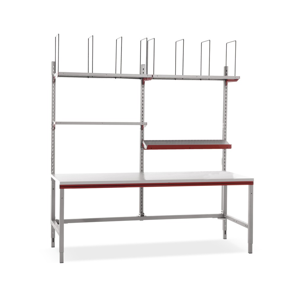 Rocholz Manuell höhenverstellbarer Packtisch FLEX, Aufbau mit Ablageböden und Fachteilern, HxBxT 690-960 x 2.000 x 800 mm