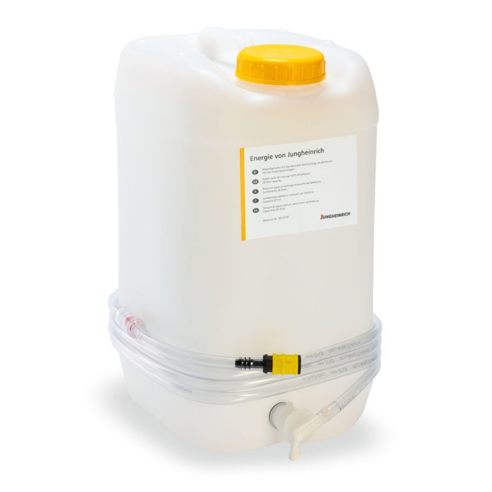 Jungheinrich™ Wasserbehälter, 30 l inkl. 4 m Schlauch, Absperrhahn, gelbe Deckel, Fliessanzeige mit integr. Filter