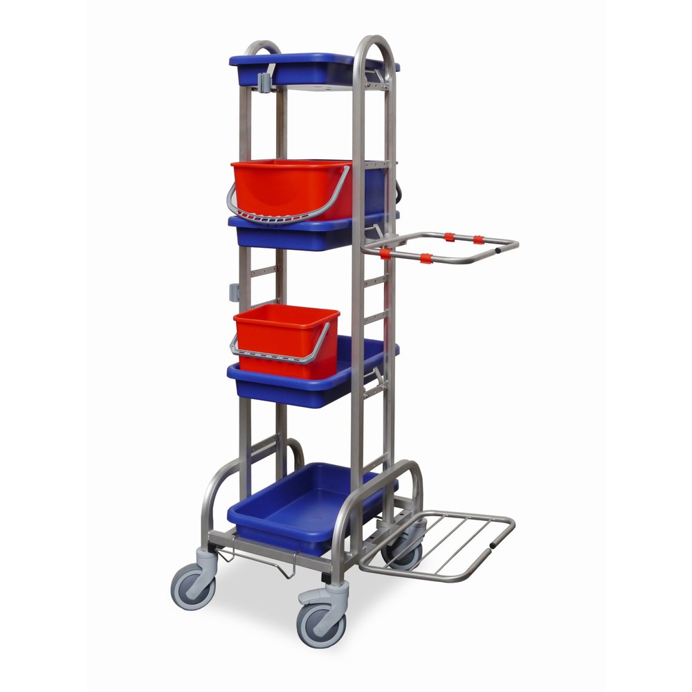 Reinigungswagen Edelstahl IV, 2x 10 + 1x 6 Liter, Halterahmen für 120-Liter-Abfallsack, 4 Auffangschalen