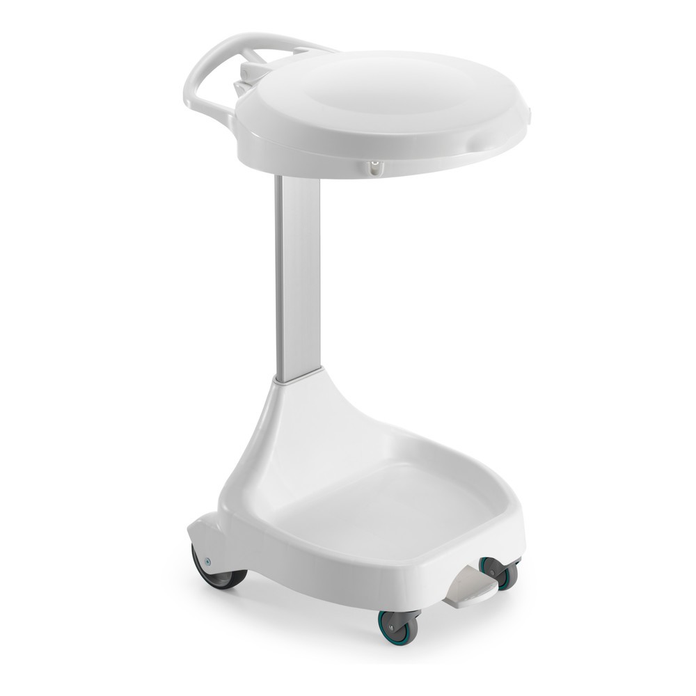 Mobiler Pedal-Abfallsackhalter Delta I, für 120-Liter-Säcke, 2 Räder + 2 Lenkrollen, Gestell und Deckel weiss