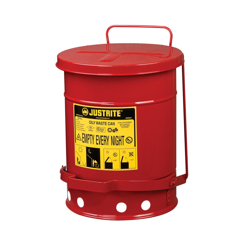 Justrite® Werkbank-Sammelbehälter SoundGuard™, Fusspedal, rot, 20 Liter