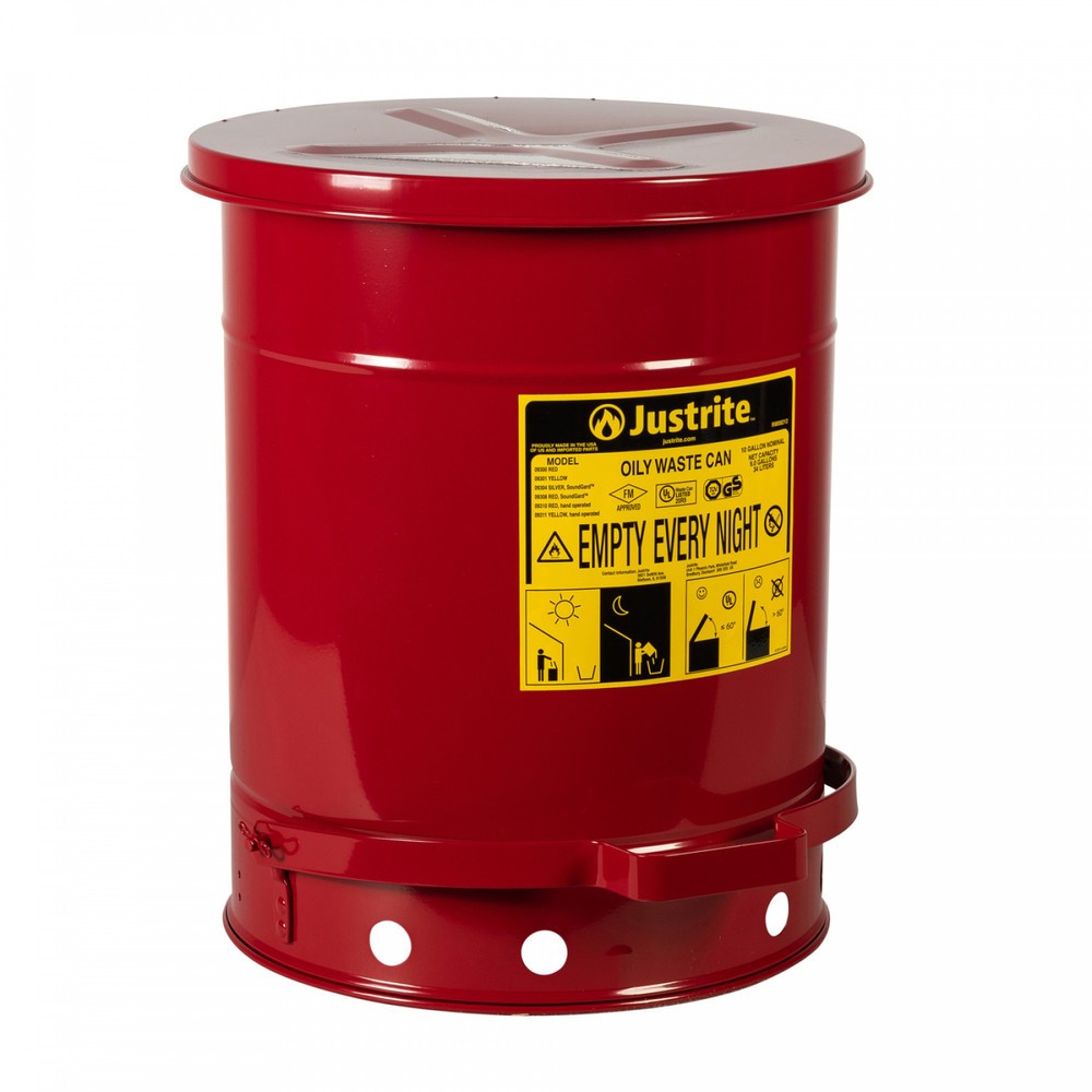 Justrite® Werkbank-Sammelbehälter SoundGuard™, Fusspedal, rot, 34 Liter