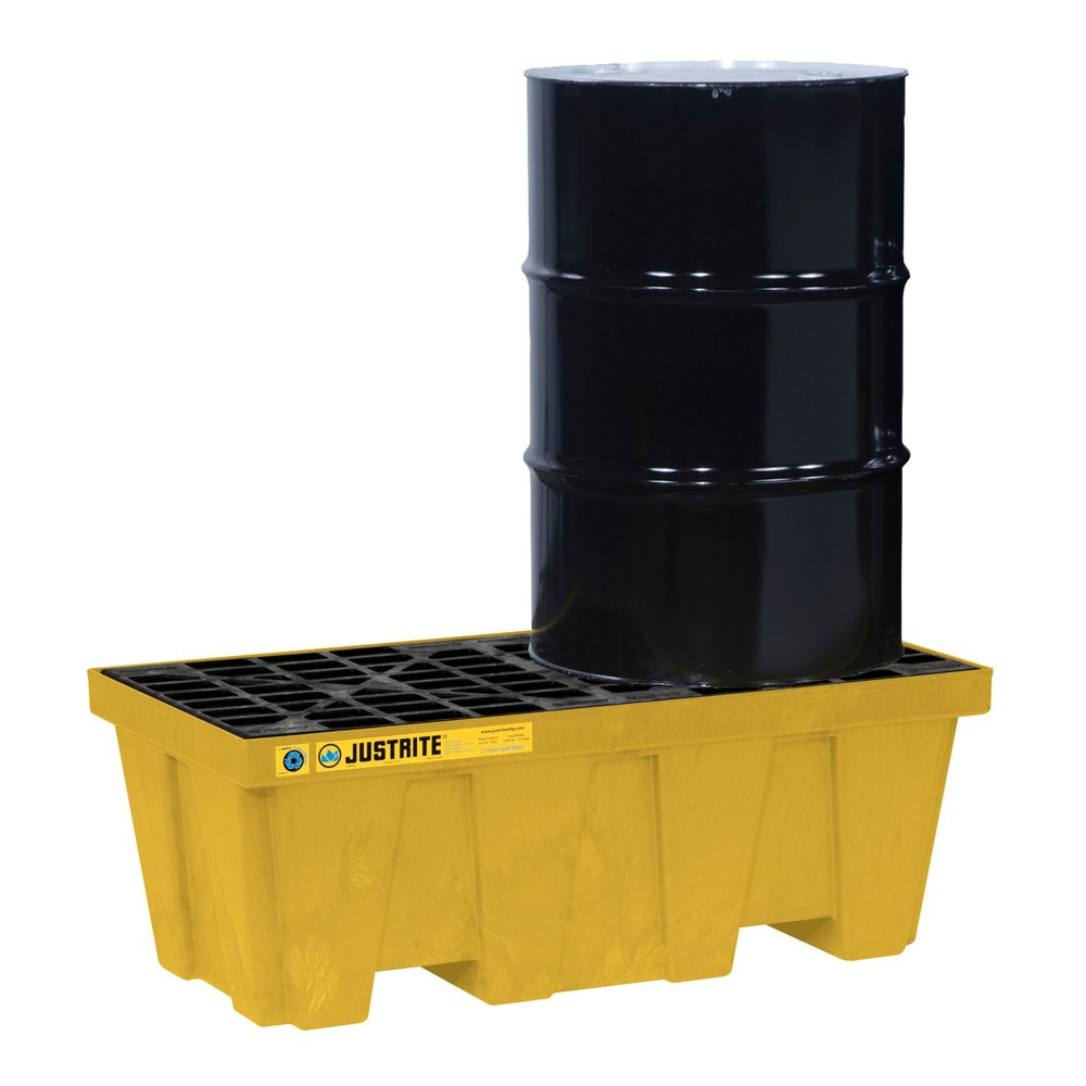 Justrite® Auffangwanne aus 100 % Recycling-Kunststoff, für 2x 200-Liter-Fässer, Auffangvolumen 250 l, gelb