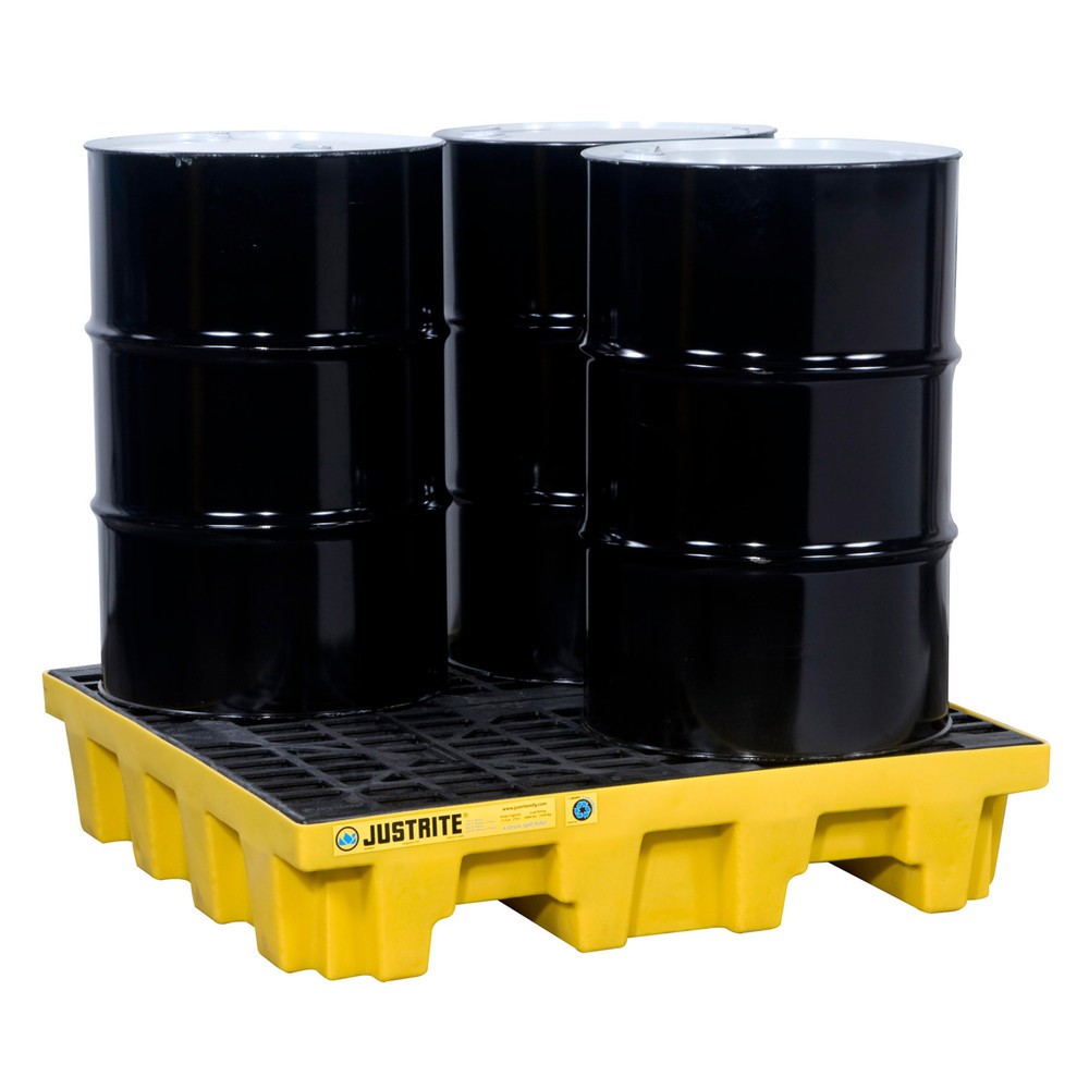 Justrite® Auffangwanne aus 100 % Recycling-Kunststoff, für 4x 200-Liter-Fässer, Auffangvolumen 276 l, gelb, mit Abfluss