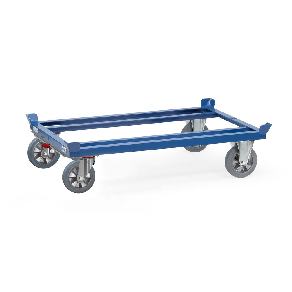 fetra® Fahrgestell mit Fangecken, TK 1.200 kg, für Paletten 1.200 x 800 mm, Elastik-Vollgummi-Bereifung, mit Zentralbremse