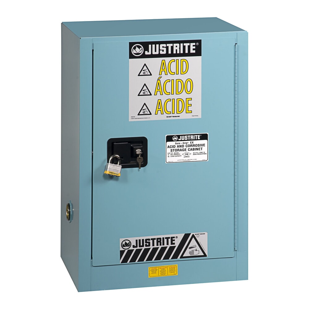 Justrite® Brandschutzschrank Compac Sure-Grip® FM, für Ätzmittel, HxBxT 890 x 590 x 460 mm, 1 Fachboden, manuell schließend