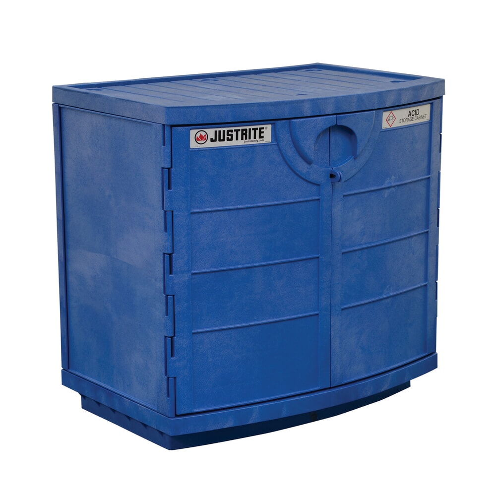 Justrite® PE-Chemikalienschrank für korrosive Chemikalien, HxBxT 900 x 910 x 640 mm, 1 Fachboden, manuell schließend