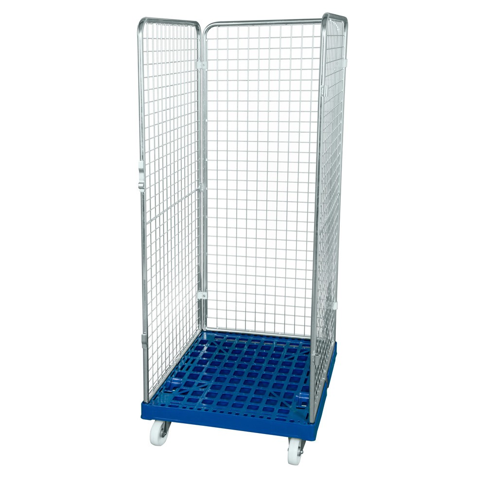 Rollbehälter Classic, 3-seitig, feinmaschig, blau verzinkt, Kunststoff-Rollplatte, HxBxT 1.800 x 724 x 815 mm, lichtblau