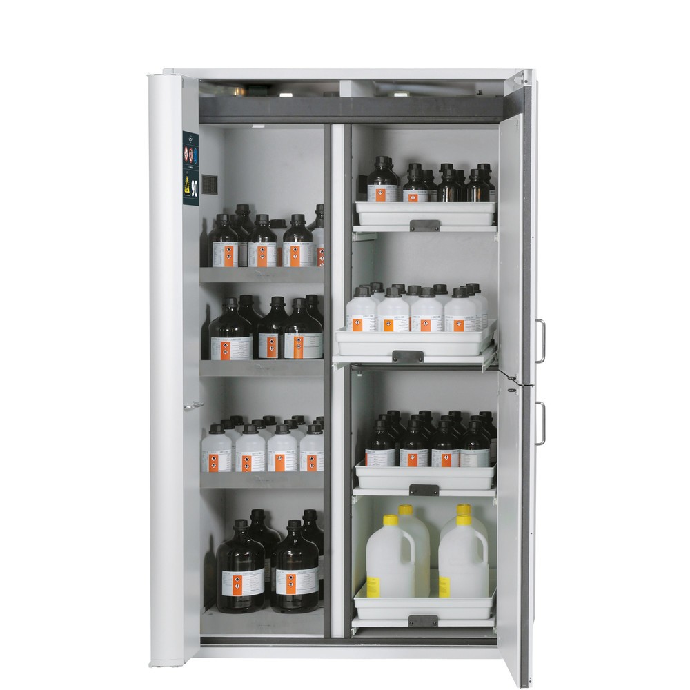 asecos® Kombi-Schrank K-PHOENIX-90, HxBxT 1.969 x 1.197 x 617 mm, Edelstahl: 3x Fachboden, 1x Lochblecheinsatz, 1x Bodenauffangwanne, 4x Tablarauszug mit PP-Wanne