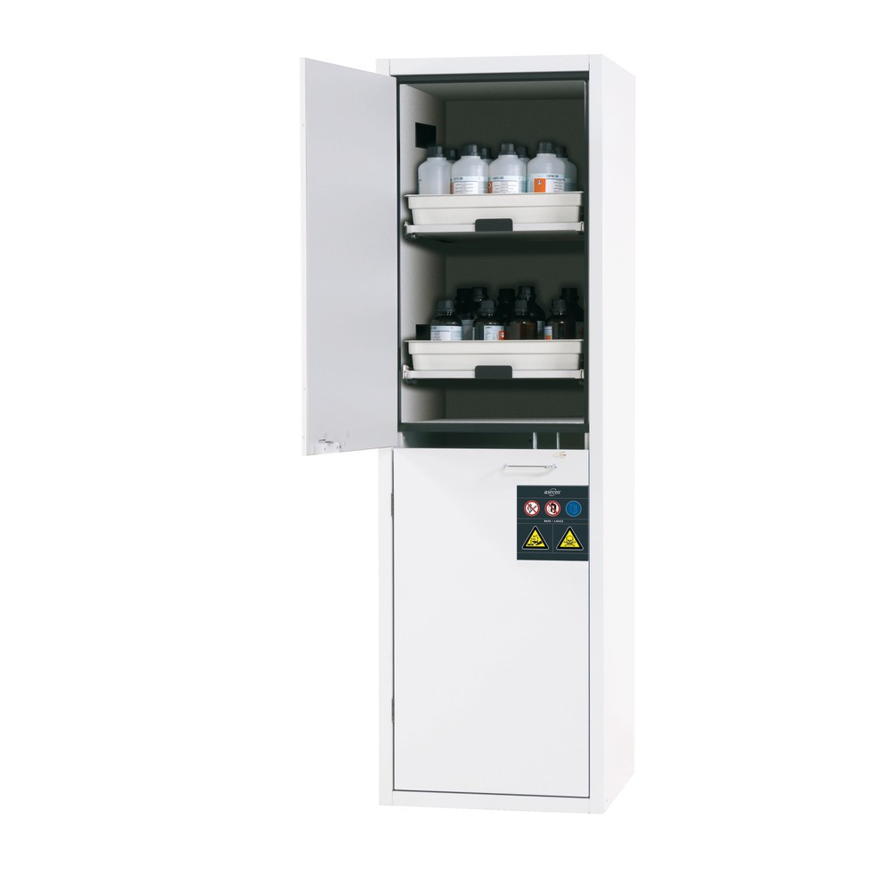 asecos® Säuren- u. Chemikalienschrank CLASSIC, HxBxT 1.965 x 597 x 603 mm, 4x Tablarauszug mit PP-Wanne, laborweiss