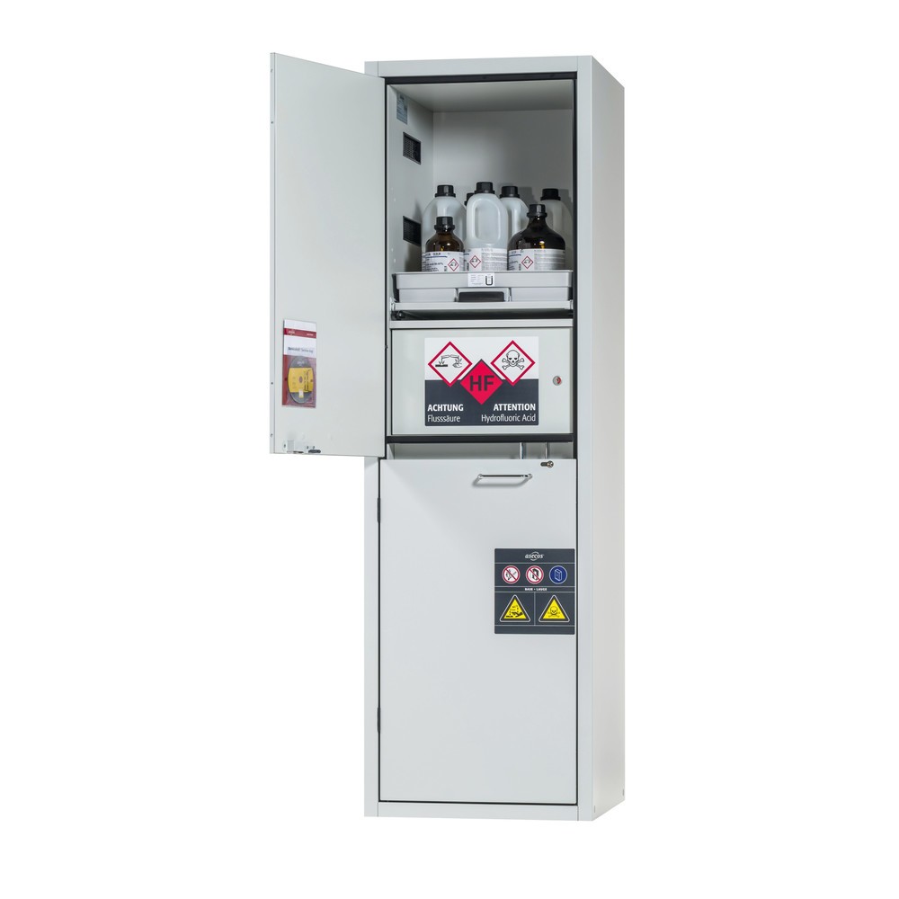 asecos® Säuren- u. Chemikalienschrank CLASSIC, HxBxT 1.965 x 597 x 603 mm, 3x Tablarauszug mit PP-Wanne, 1x Einbaufach mit PE-Wanne, lichtgrau