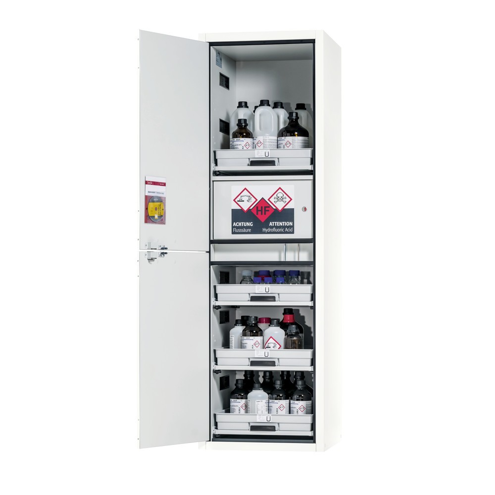 asecos® Säuren- u. Chemikalienschrank CLASSIC, HxBxT 1.965 x 597 x 603 mm, 4x Tablarauszug mit PP-Wanne, 1x Einbaufach mit PE-Wanne, laborweiss