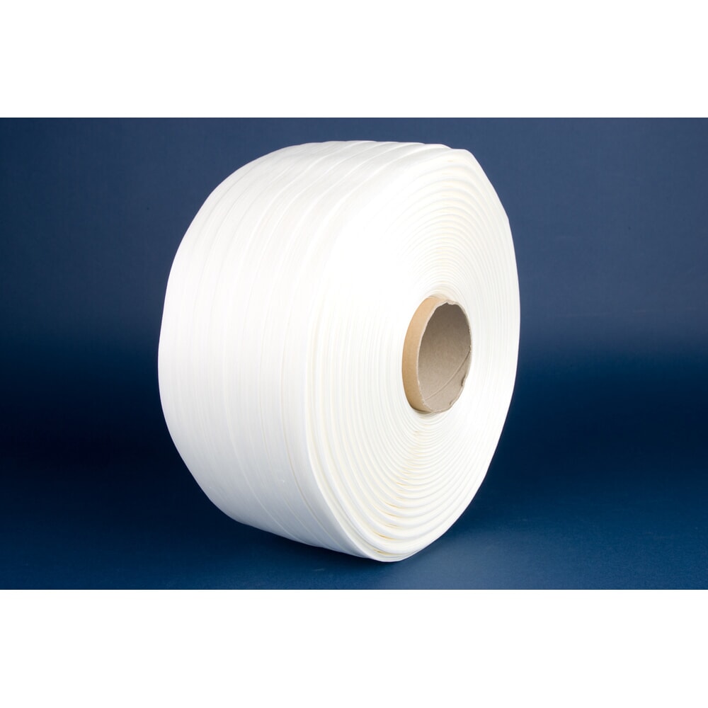 Umreifungsband aus Polyester, Fadenstrukturband Hot Melt, verleimt, 25 mm x 500 lfm., Kern-Ø 76 mm, Stärke 0,70 mm, weiß