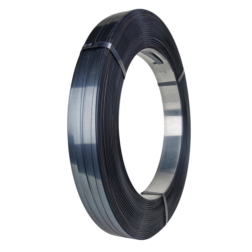 Stahlband, gebläut + gewachst, 19 mm x 670 lfm., Kern-Ø 406 mm, Stärke 0,50 mm, Packenwicklung