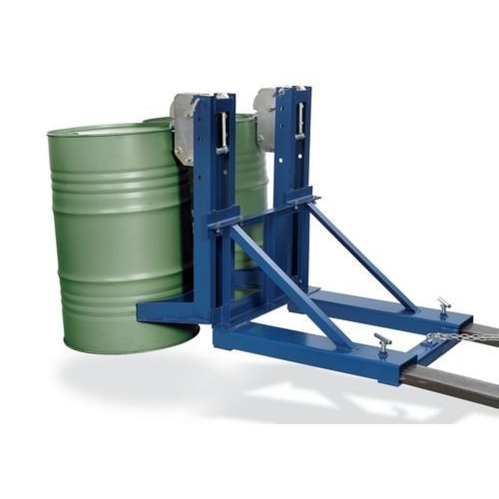 DENIOS Fassgreifer SH für Stahl-Sicken- und Spannringfässer, Stapleranbau, für 2x 200-Liter-Fässer, Gabeltaschenabstand 730 mm