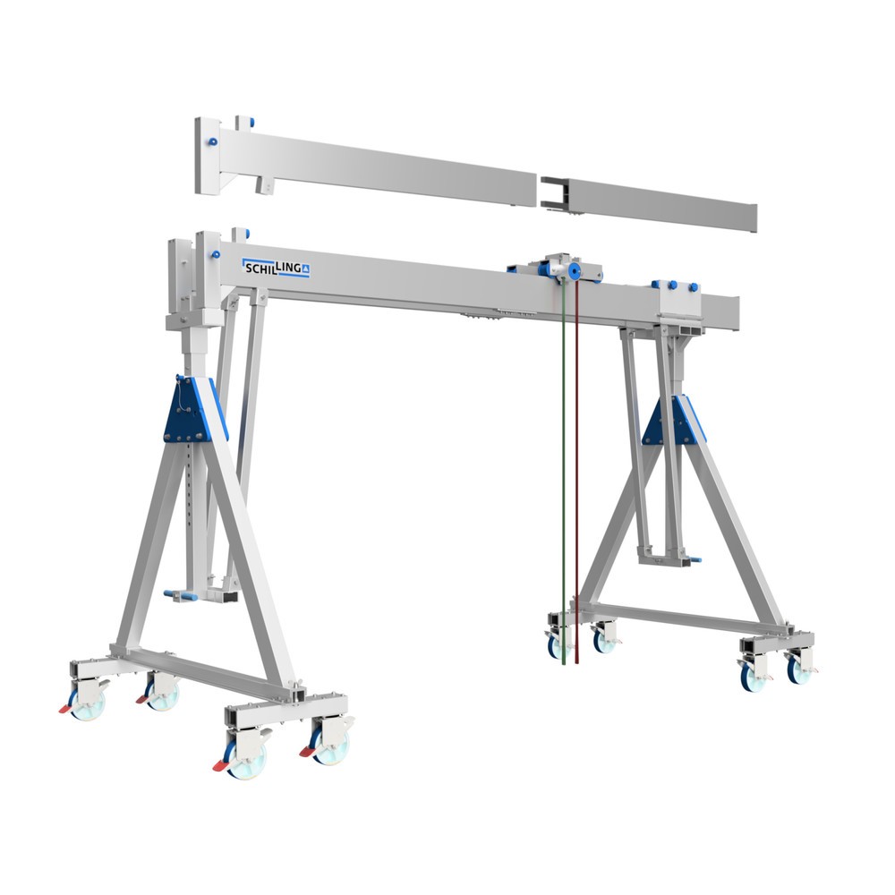 SCHILLING Alu-Portalkran mit teilbarem Doppelträger, verfahrbar, Einhängepunkt 2613-3363 mm, Länge 7000 mm, TK 2000 kg