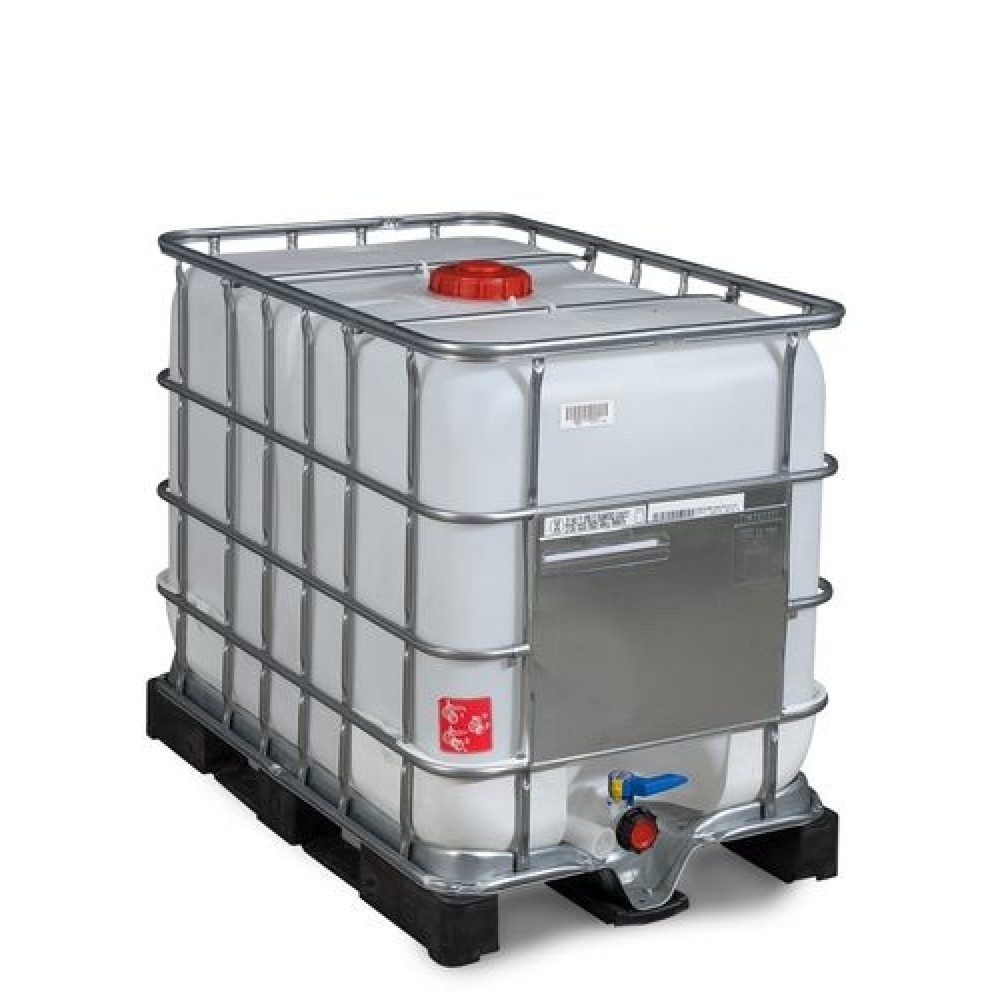 IBC, Gefahrgut-Ausführung, Stahlkufen, 1.000 l, Öffnung NW150, Auslauf NW80