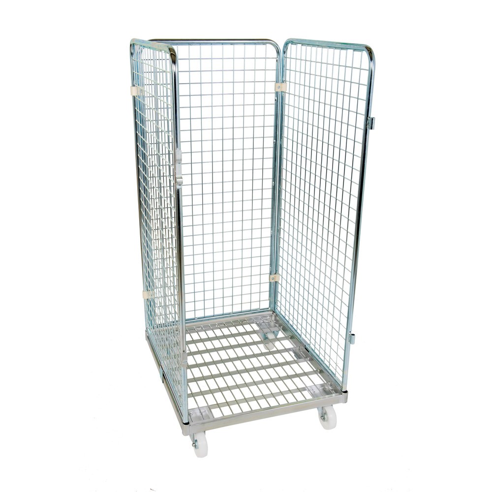 Rollbehälter Classic, 3-seitig, feinmaschig, blau verzinkt, Metall-Rollplatte, HxBxT 1.550 x 710 x 800 mm