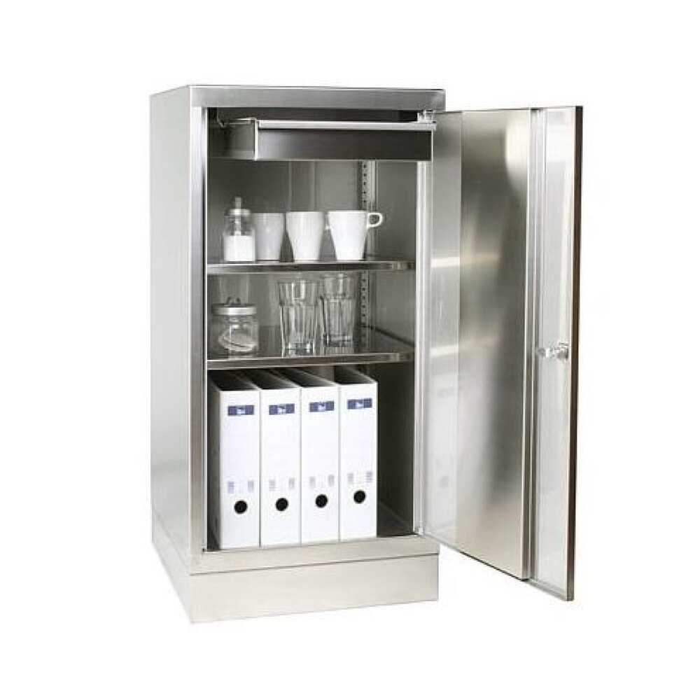 Reinsch Beistellschrank aus Edelstahl, 1-flügelig, 2 Fachböden, 1 Schublade, HxBxT 1.050 x 500 x 500 mm, Sockel