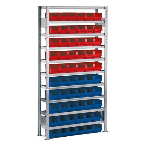 META Fachbodenregal, Grundfeld mit Sichtlagerkästen, Fachlast 100 kg