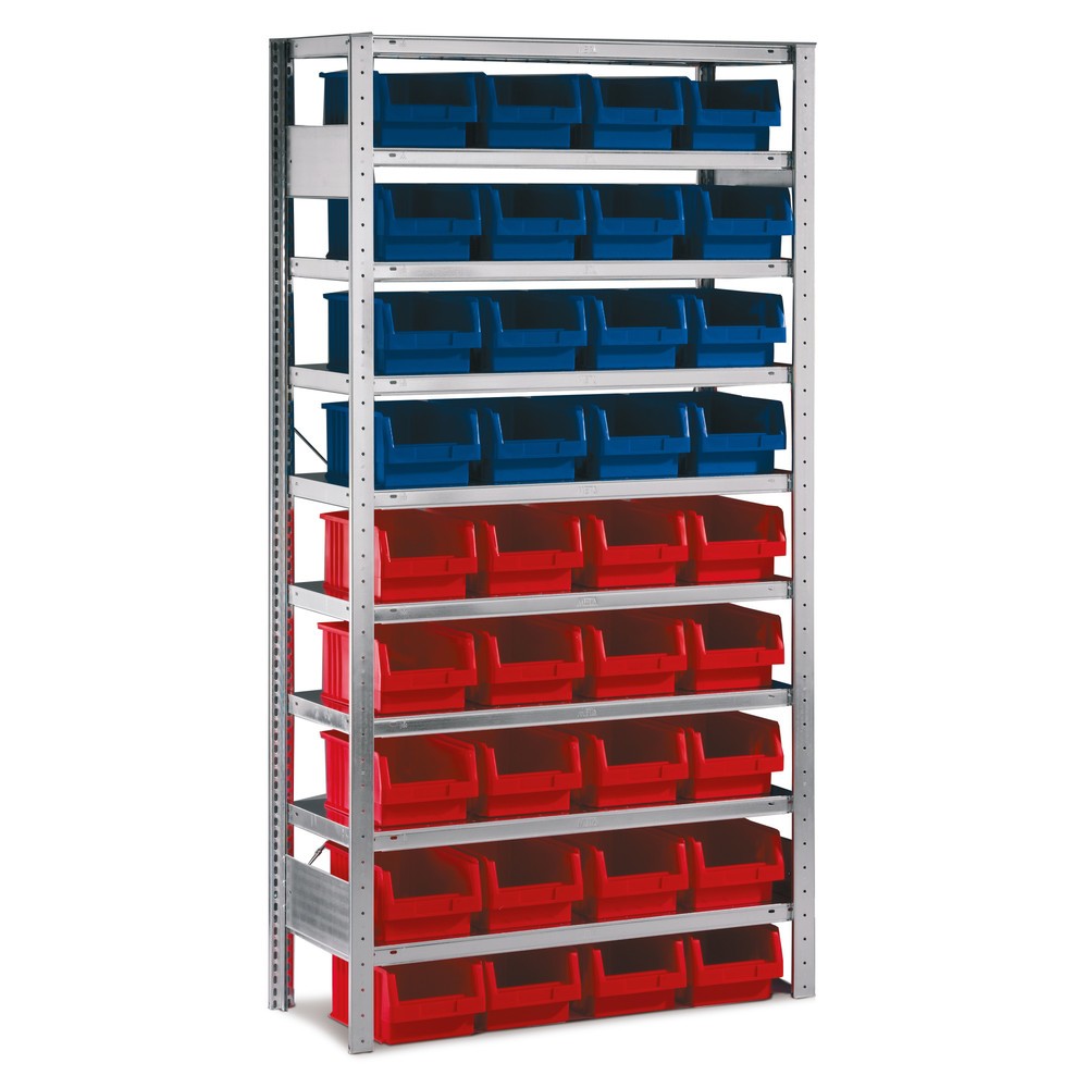 META Fachbodenregal, GF mit Sichtlagerkästen, FL 100 kg, 36 Kästen, HxBxT 2.000 x 1.000 x 400 mm