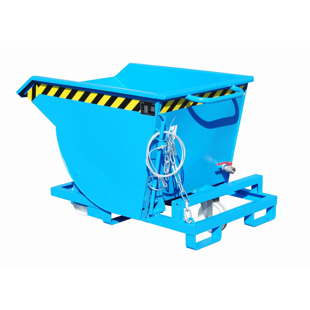 Bauer® Späne-Kippbehälter mit Abrollmechanik und Rollensatz, niedrige Bauhöhe, mit Einfahrtaschen, lackiert, Volumen 0,3 m³, RAL 5012 lichtblau
