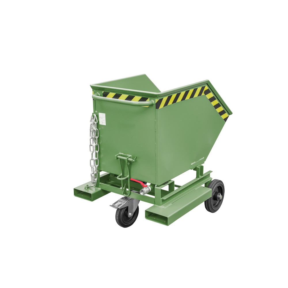 Bauer® Späne-Kippbehälter, ebenerdige Entlademöglichkeit, lackiert, Volumen 0,25 m³, mit Einfahrtaschen, RAL 6011 resedagrün