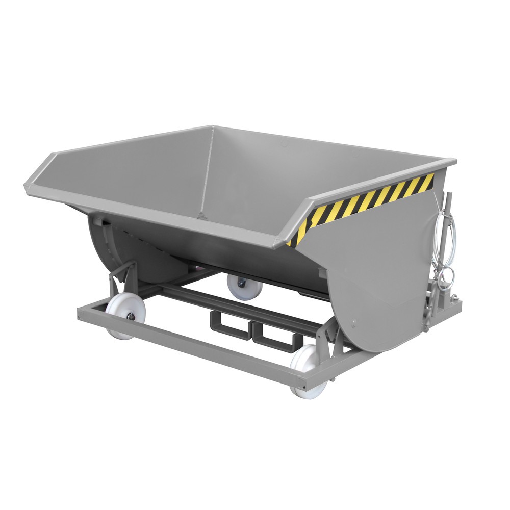 Bauer® Späne-Kippbehälter mit Abrollmechanik und Rollensatz, niedrige Bauhöhe, mit Einfahrtaschen, lackiert, Volumen 0,75 m³, RAL 7005 mausgrau