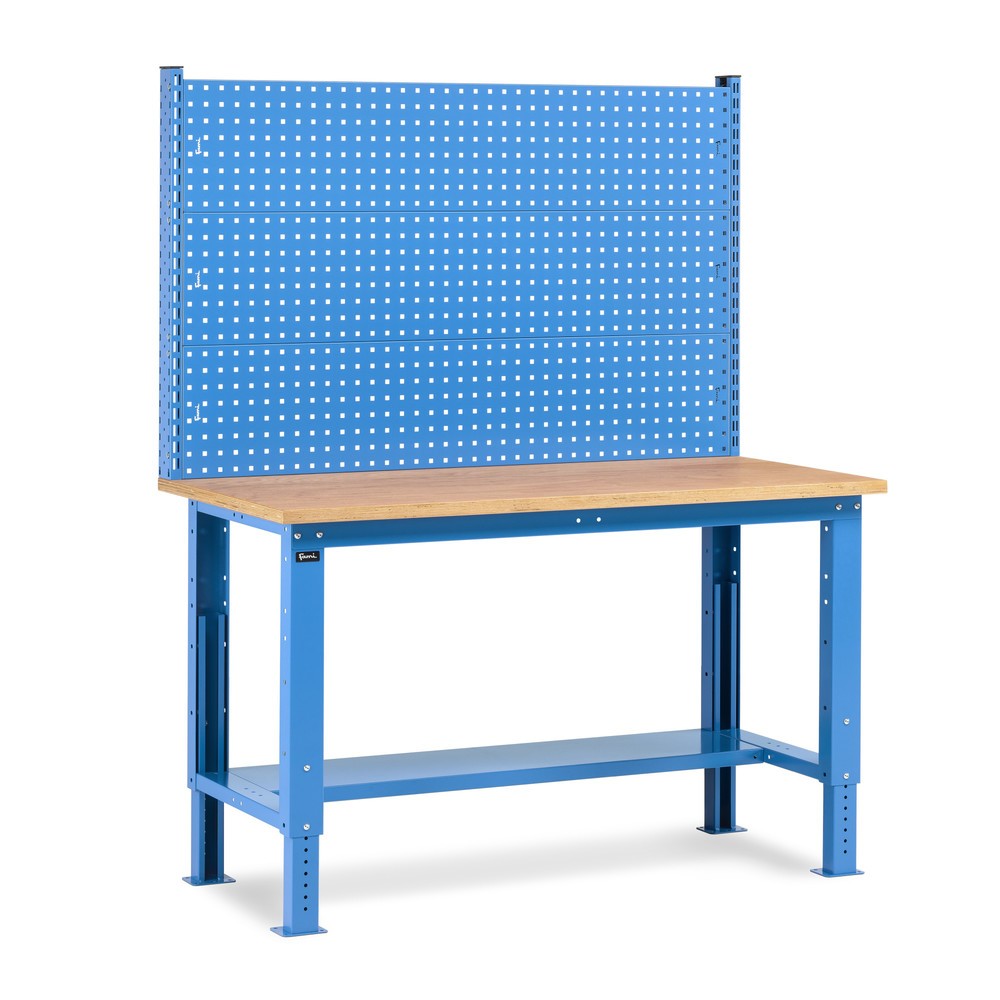 Fami Werkbank, höhenverstellbar u. mit Multifunktionswand, TK 1.000 kg, HxBxT 740-1.110 x 1.500 x 750 mm, RAL 5012 lichtblau