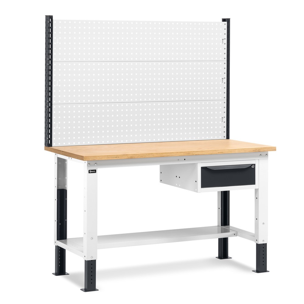 Fami Werkbank, höhenverstellbar, mit Multifunktionswand u. 1 Schublade, TK 1.000 kg, HxBxT 740-1.110 x 1.500 x 750 mm, RAL 7035 lichtgrau / RAL 7016 anthrazitgrau