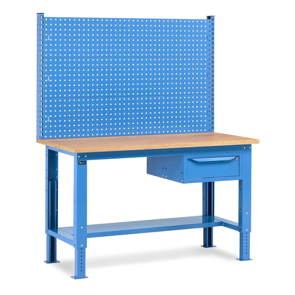 Fami Werkbank, höhenverstellbar, mit Multifunktionswand u. 1 Schublade, TK 1.000 kg, HxBxT 740-1.110 x 1.500 x 750 mm, RAL 5012 lichtblau