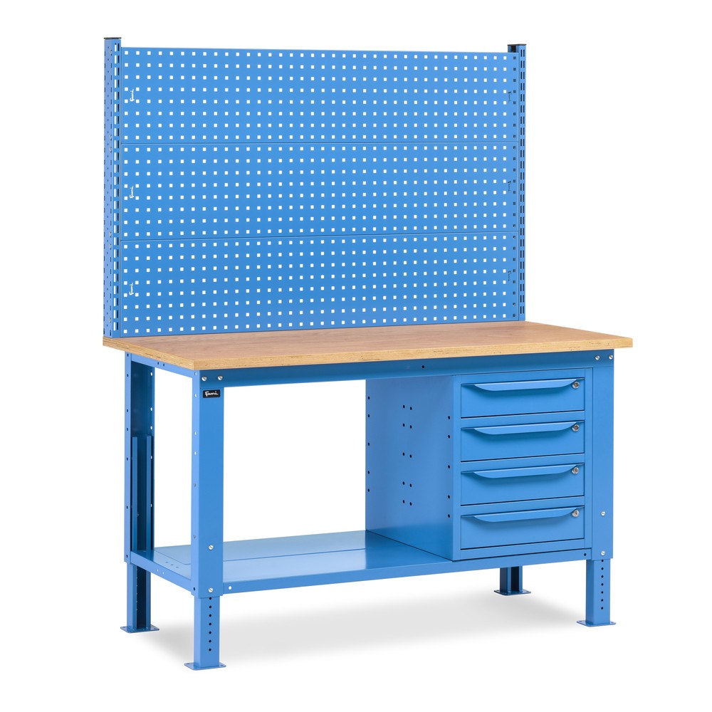 Fami Werkbank, höhenverstellbar, mit Multifunktionswand u. 4 Schubladen, TK 1.000 kg, HxBxT 740-1.110 x 1.500 x 750 mm, RAL 5012 lichtblau