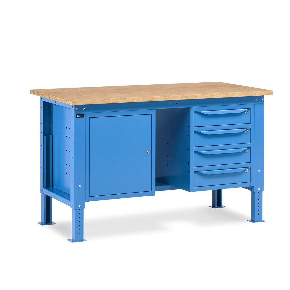 Fami Werkbank, höhenverstellbar, 4 Schubladen (Lücke) u. 1 Schrank, TK 1.000 kg, HxBxT 740-1.110 x 1.500 x 750 mm, RAL 5012 lichtblau