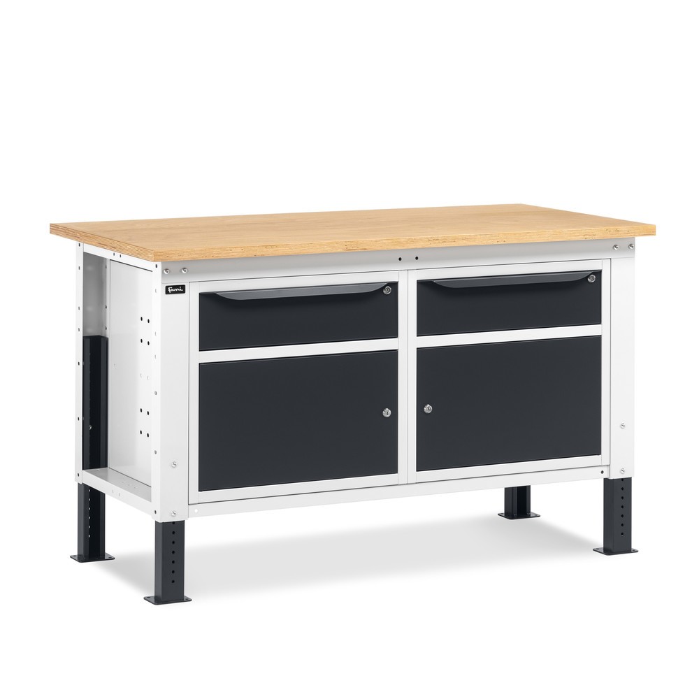 Fami Werkbank, höhenverstellbar, 2 Schubladen u. 2 Schränke, TK 1.000 kg, HxBxT 740-1.110 x 1.500 x 750 mm, RAL 7035 lichtgrau / RAL 7016 anthrazitgrau