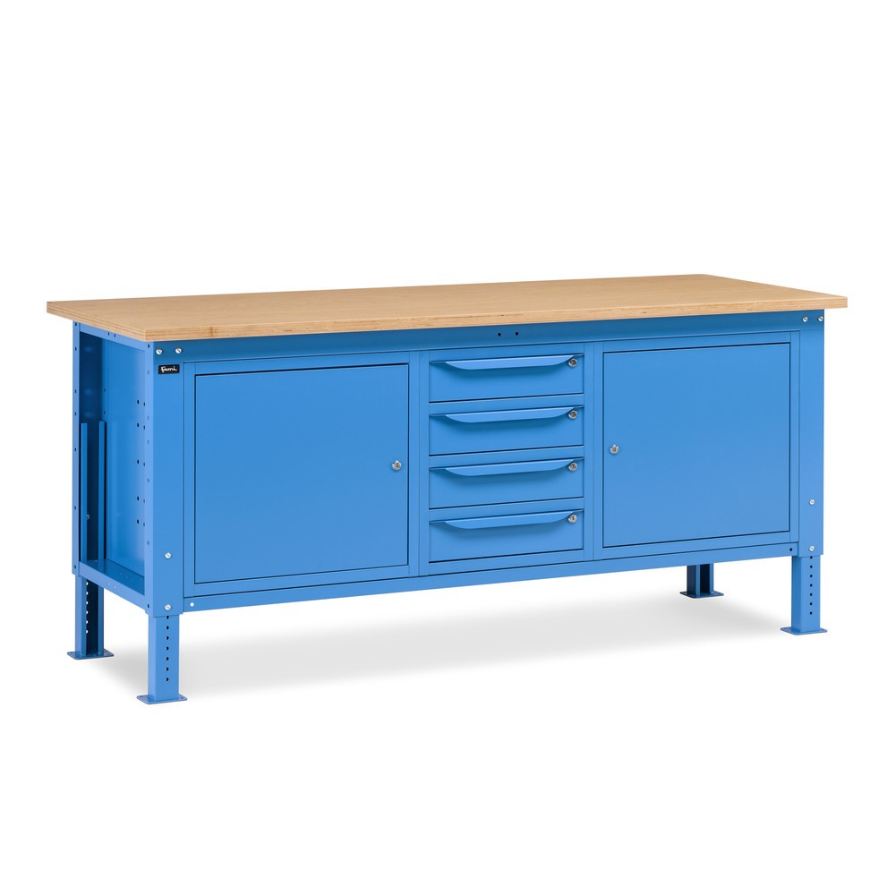 Fami Werkbank, höhenverstellbar, 4 Schubladen u. 2 Schränke, TK 1.000 kg, HxBxT 740-1.110 x 2.000 x 750 mm, RAL 5012 lichtblau