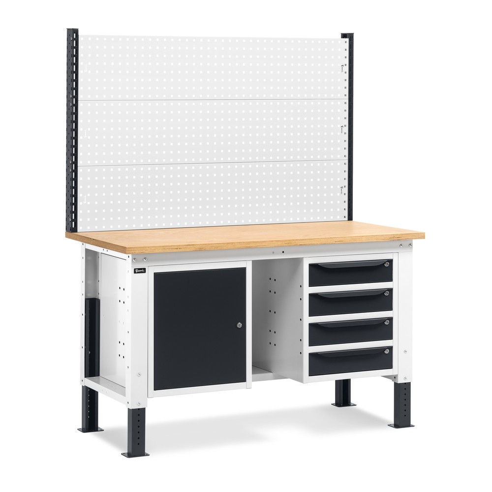 Fami Werkbank, höhenverstellbar, mit Multifunktionswand, 4 Schubladen, Ablage u. Schrank, TK 1.000 kg, HxBxT 740-1.110 x 1.500 x 750 mm, RAL 7035 lichtgrau / RAL 7016 anthrazitgrau