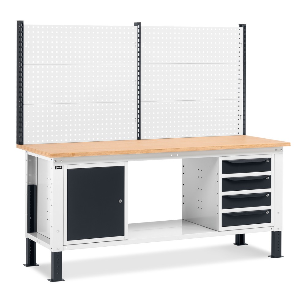 Fami Werkbank, höhenverstellbar, mit Multifunktionswand, 4 Schubladen u. Schrank, TK 1.000 kg, HxBxT 740-1.110 x 2.000 x 750 mm, RAL 7035 lichtgrau / RAL 7016 anthrazitgrau