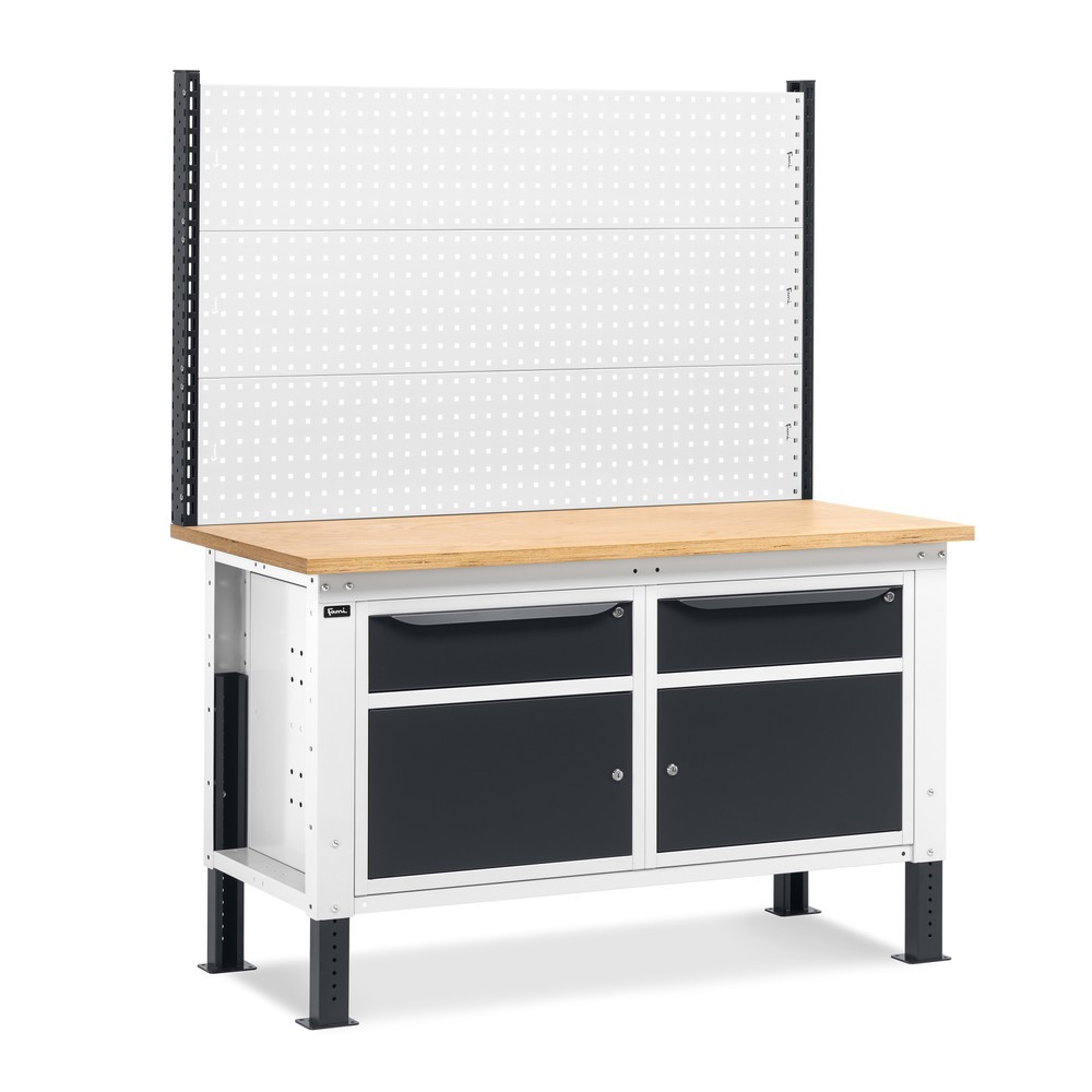 Fami Werkbank, höhenverstellbar, mit Multifunktionswand, 2 Schubladen u. 2 Schränke, TK 1.000 kg, HxBxT 740-1.110 x 1.500 x 750 mm, RAL 7035 lichtgrau / RAL 7016 anthrazitgrau