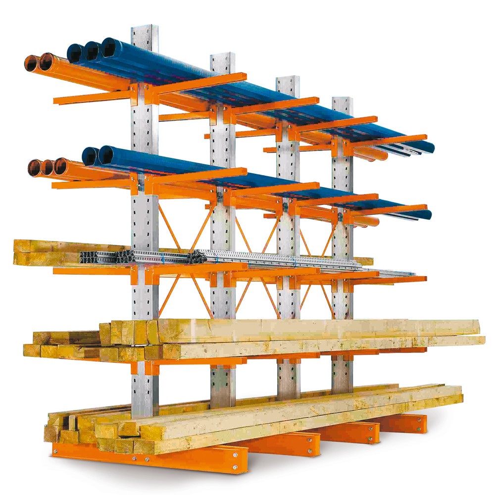 Komplettpaket Kragarmregal, doppelseitig, Tragkraft pro Arm 300 kg, HxBxT 2.432 x 5.160 x 2.220 mm, 6 Ständer