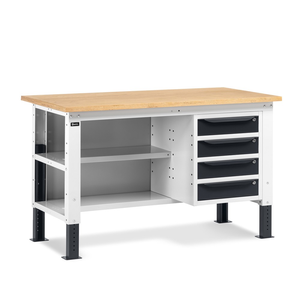 Fami Werkbank, höhenverstellbar, 4 Schubladen, Rückwand u. 2 Fachböden, TK 1.000 kg, HxBxT 740-1.110 x 1.500 x 750 mm, RAL 7035 lichtgrau / RAL 7016 anthrazitgrau