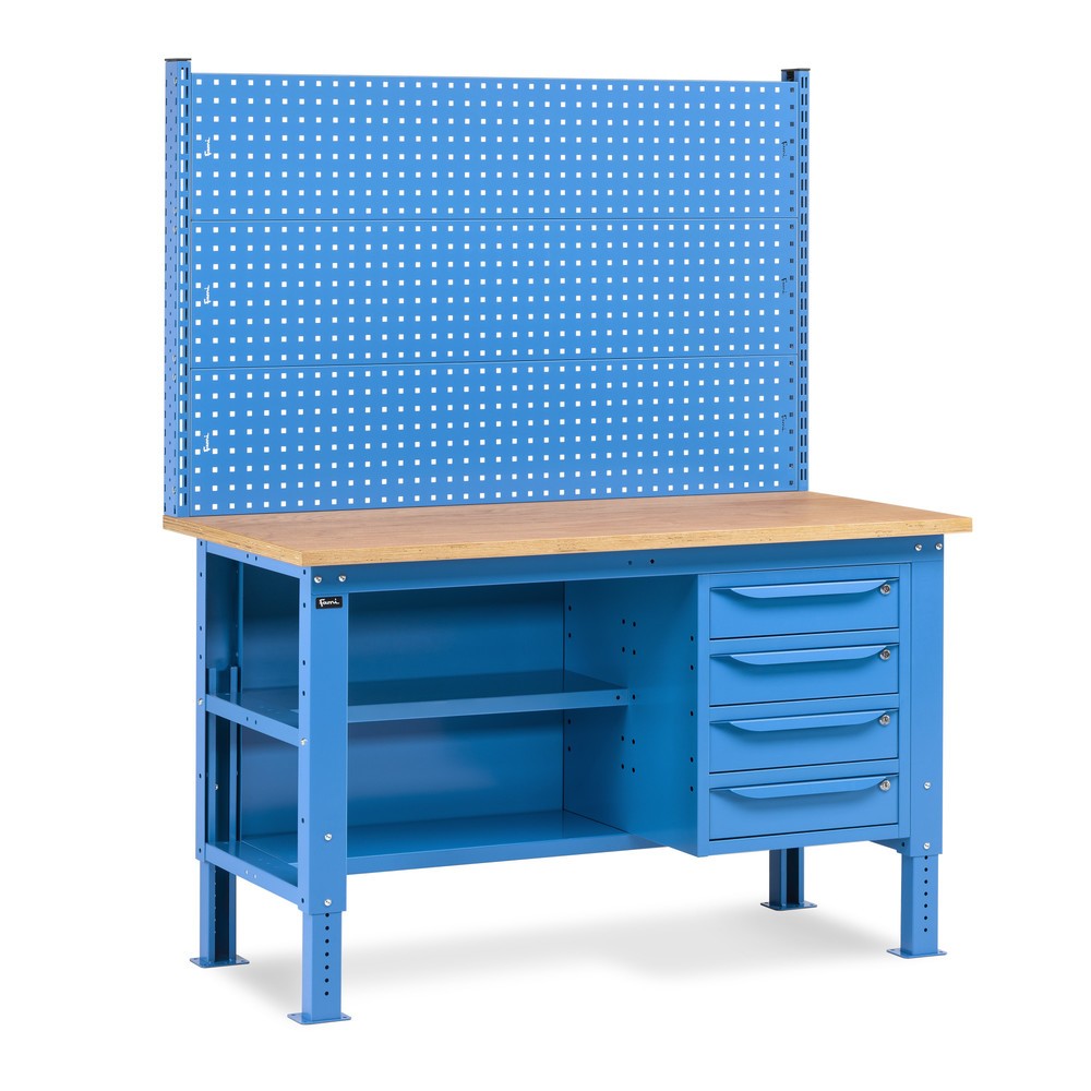 Fami Werkbank, höhenverstellbar, mit Multifunktionswand, 4 Schubladen, Rückwand mit 2 Fachböden, TK 1.000 kg, HxBxT 740-1.110 x 1.500 x 750 mm, RAL 5012 lichtblau