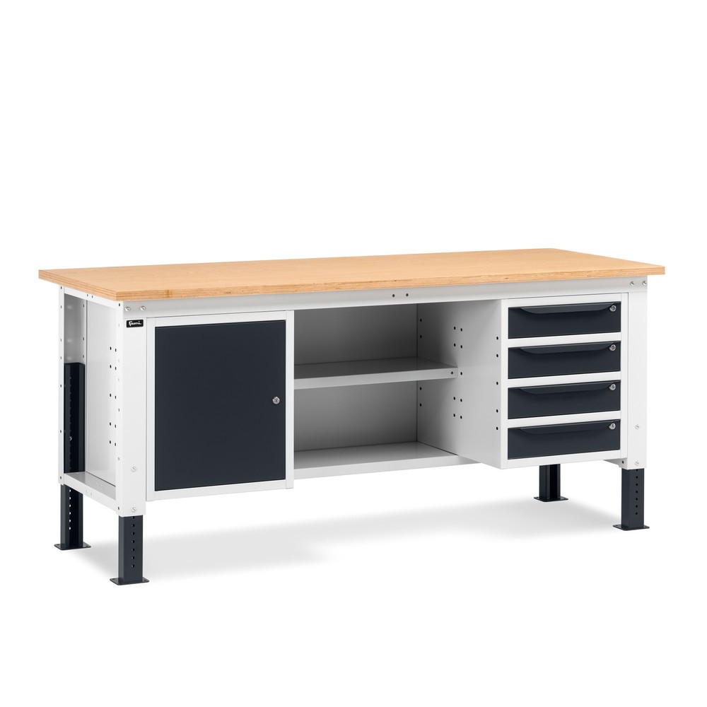 Fami Werkbank, höhenverstellbar, 4 Schubladen, Flügeltürschrank, Rückwand mit 2 Fachböden, TK 1.000 kg, HxBxT 740-1.110 x 2.000 x 750 mm, RAL 7035 lichtgrau / RAL 7016 anthrazitgrau