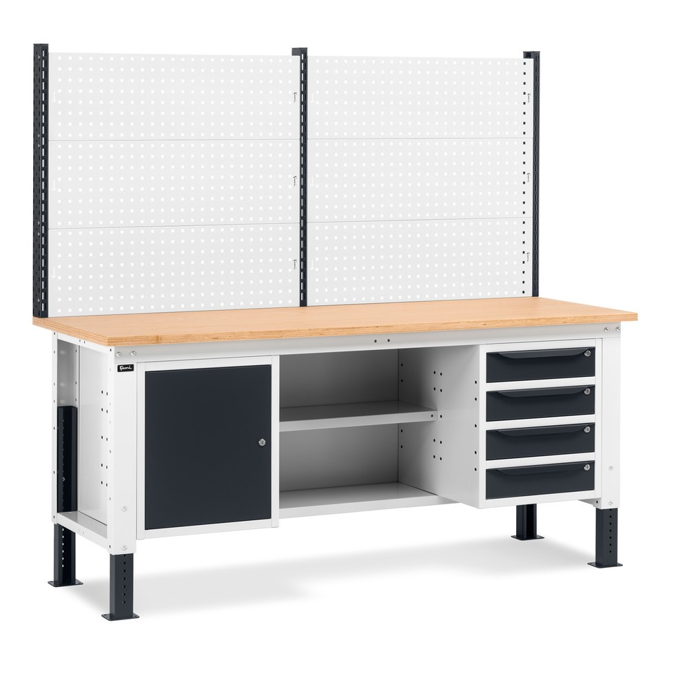 Fami Werkbank, höhenverstellbar, mit Multifunktionswand, 4 Schubladen, Schrank, Rückwand mit 2 Fachböden, TK 1.000 kg, HxBxT 740-1.110 x 2.000 x 750 mm, RAL 7035 lichtgrau / RAL 7016 anthrazitgrau