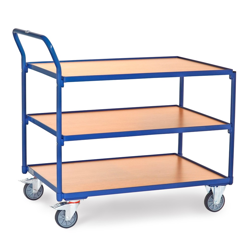 fetra® Tischwagen, TK 300 kg, 3 Etagen à 1.000 x 700 mm, hochstehender Schiebebügel