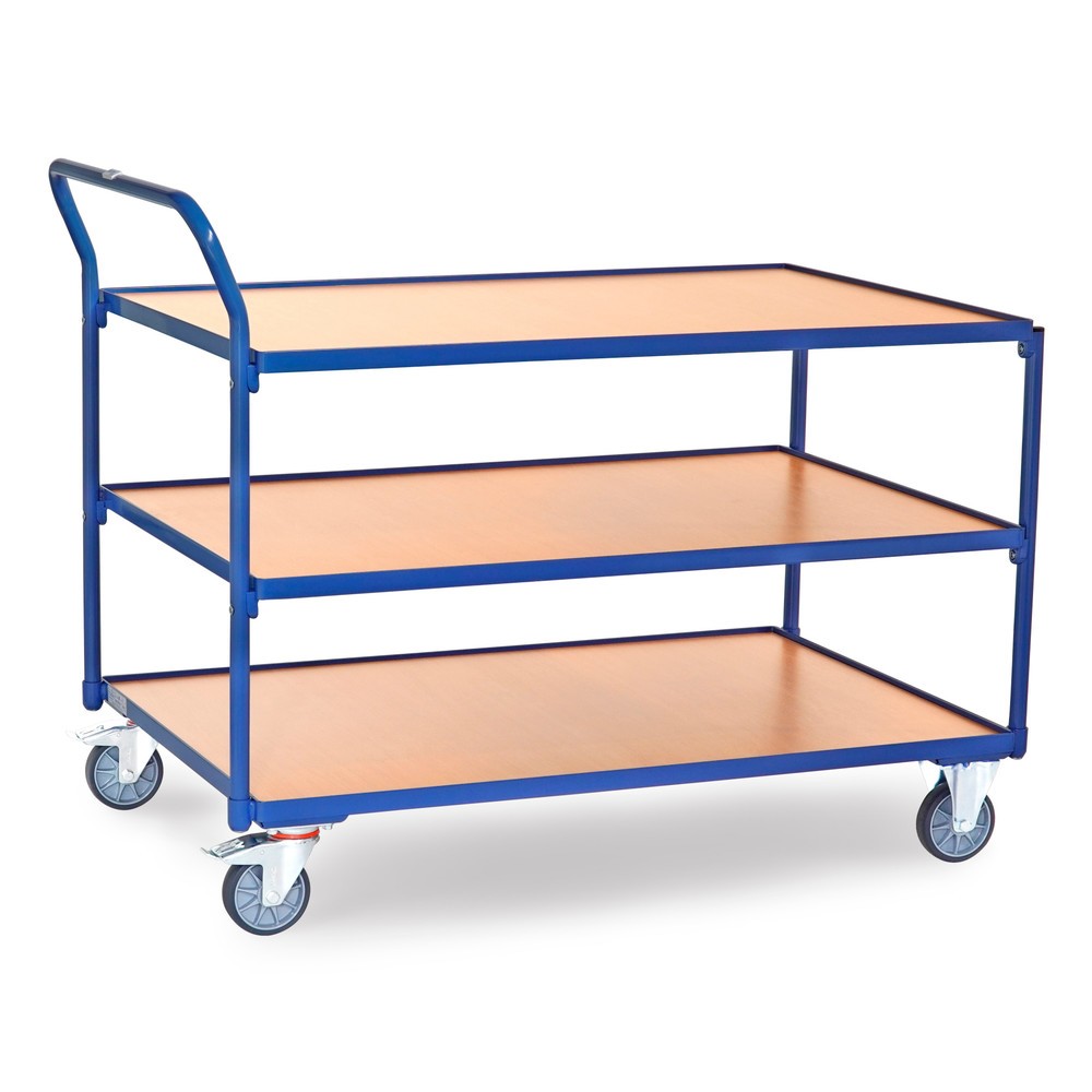 fetra® Tischwagen, TK 300 kg, 3 Etagen à 1.200 x 800 mm, hochstehender Schiebebügel