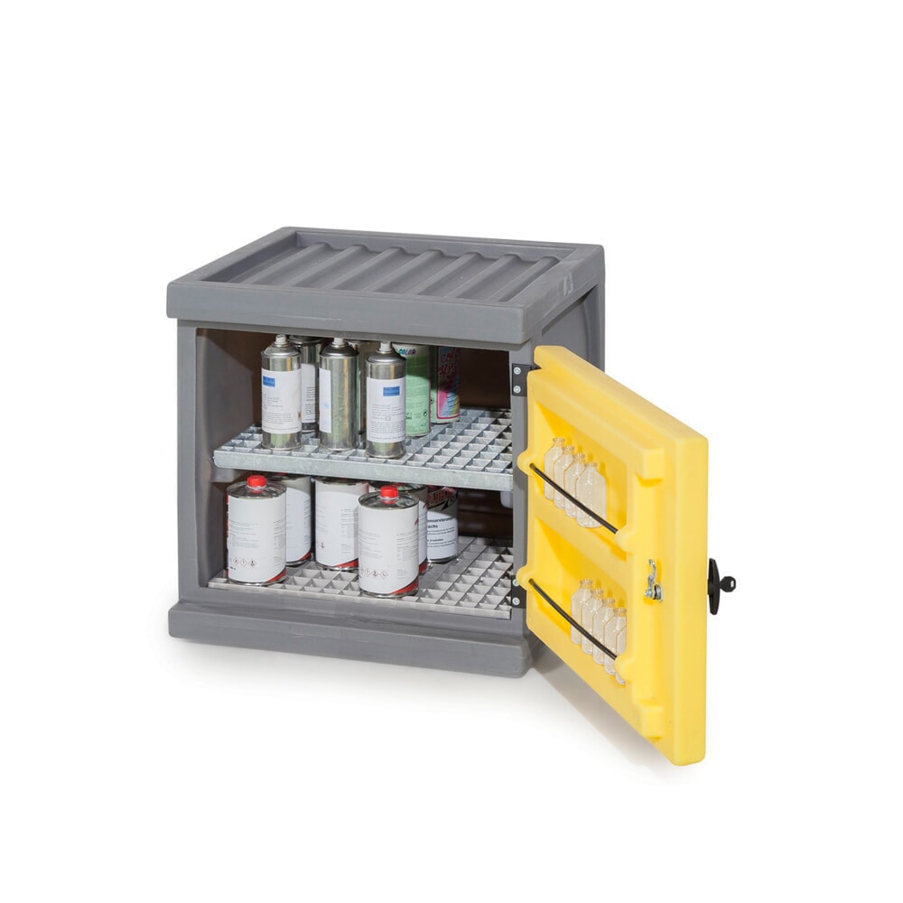 Denios Chemikalienschrank PolyStore Mini, HxBxT 600 x 610 x 640 mm, 2 Gitterroste verzinkt
